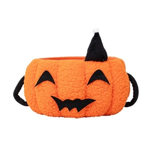 Halloween Kürbis-Plüschkorb mit Hexenhut und stabilen schwarzen Tragegriffen