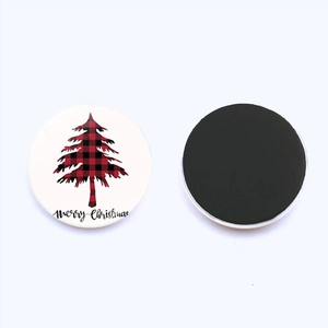 Round Christmas fridge magnets with red plaid tree pattern and Merry Christmas text