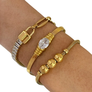 Three-piece gold stainless steel bracelet set with white zircon stones and lock charm