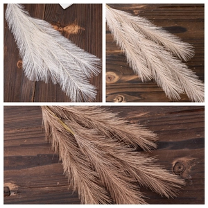 Artificial pampas grass in cream, beige, and brown shades on a dark wood background