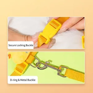 Adjustable yellow cat harness with secure plastic buckle and metal D-ring attachment