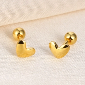 Polished S925 silver heart screw earrings in gold plating with spherical back stoppers