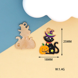 Halloween charm of a cartoon black cat with purple witch hat and orange pumpkin