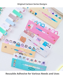 Close-up of cute cartoon sticky notes with bear and cat patterns on white notebook