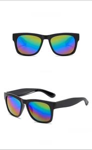 Detail view of kids square sunglasses with black frames and rainbow mirrored lenses