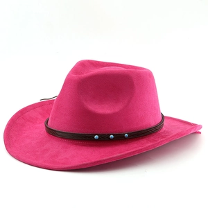 Bohemian hot pink suede cowboy hat with brown leather band and turquoise stone accents