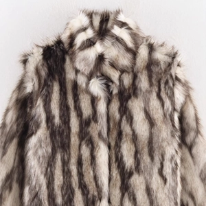 Fashionable faux fur coat with grey and black striped texture for women's winter wear
