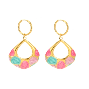 Fashion gold stainless steel hoop earrings with colorful teardrop enamel pendants