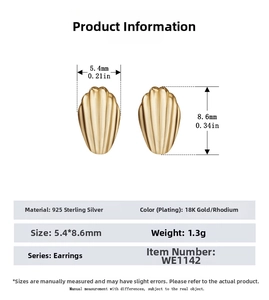 Detail of S925 silver gold seashell earrings showing 5.4x8.6mm size and 1.3g weight