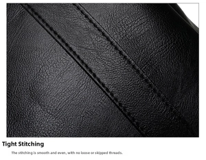 Close-up of premium black leather tote with detailed double-row stitching and lychee texture