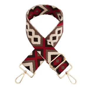 Close-up of ethnic geometric embroidered bag strap with gold-tone swivel hooks