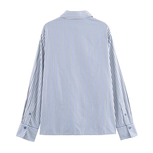Flat lay back view of blue and white vertical striped long-sleeved shirt with collar