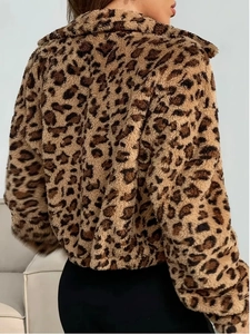 Short leopard print zip-up hoodie jacket for women with plush fleece texture back view