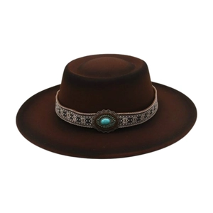 Brown western felt fedora hat with ethnic woven band and turquoise buckle detail
