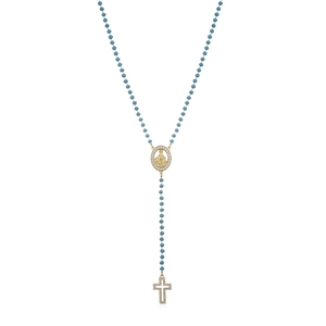 18K gold-plated Y-necklace featuring turquoise beads, Virgin Mary medal and cross charm