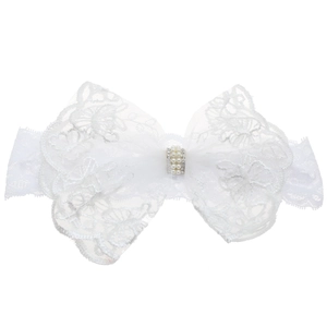 Baby white lace headband with rhinestone pearl bow centerpiece for photography