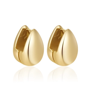 Macro detail of tear-drop gold huggie earrings with polished mirror finish and reflections