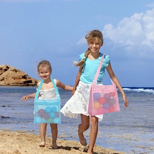 Mesh beach bag for kids, adjustable straps for shell collecting and toy storage