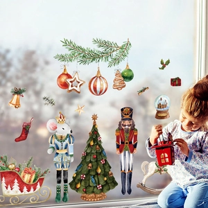 Christmas window stickers featuring watercolor nutcracker soldiers and festive trees decor