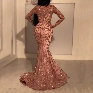 Rose gold long sleeve sequin mermaid evening gown with elegant scroll embroidery
