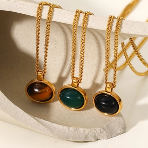 French vintage 18K gold plated stainless steel oval natural stone pendant necklaces