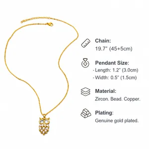 Size chart showing dimensions for the gold-plated owl pendant with zircon and beads