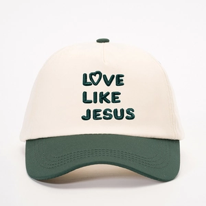 Love Like Jesus embroidered heart baseball cap in off-white and dark green two-tone