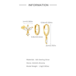Detailed dimensions of S925 sterling silver earring set with zirconia and leaf accents