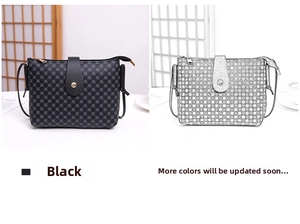 Detail view of printed crossbody bucket bags in classic black and shiny silver textures