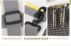 Detail of adjustable buckle, convenient metal hook and two-way zipper on pet travel bag