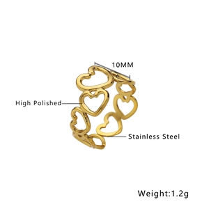 Detail view of 10mm cutout heart ring in gold stainless steel with high polished finish