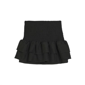 Mini-jupe noire à volants superposés pour femme avec taille haute élastique froncée