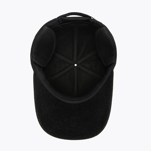 Men's winter wool baseball cap in black with fold-down earflaps for thermal warmth