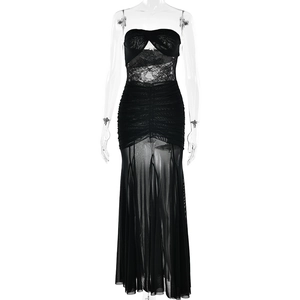Sexy black strapless maxi dress with lace mesh patchwork and ruched mermaid hem details