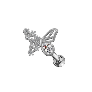 Detailed macro view of a silver butterfly earring with clear zircons and flat back design