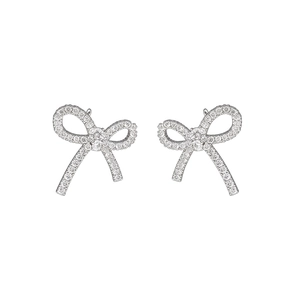 Elegant silver bow-shaped clip-on earrings featuring sparkling cubic zirconia inlay design