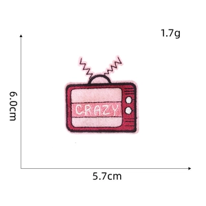 Detailed size view of pink retro television embroidery patch with CRAZY text