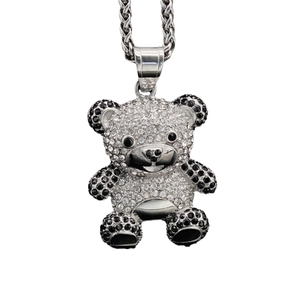 Sparkling silver panda pendant necklace paved with black and white rhinestones