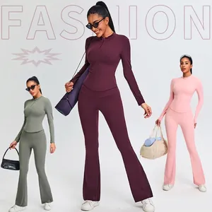 Women Yoga Set Quarter Zip Stand Collar Slim Fit Long Sleeve Top And High Waist Flare Pants Breathable Quick Dry Activewear