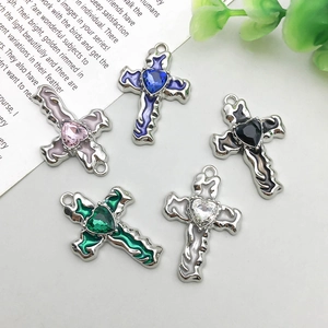 Five assorted colorful heart rhinestone cross pendants in liquid silver alloy frames