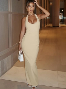 Robe Maxi Dos Nu Licou Sexy Polyester Élasthanne Couleur Unie Coupe Slim Fente Latérale Tenue De Fête Été Femmes