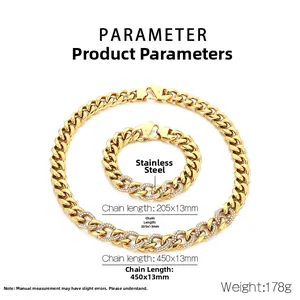 Detailed specs of 13mm gold cuban link necklace and bracelet set with rhinestone pavé