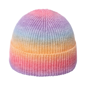 Rainbow gradient ribbed knit beanie hat for winter warmth and trendy fashion accessory