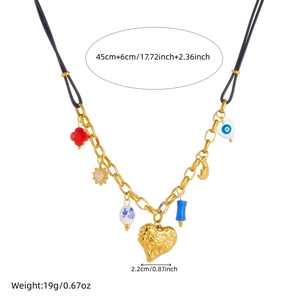 Gold-plated stainless steel rope chain necklace with 3D irregular heart and sun charms