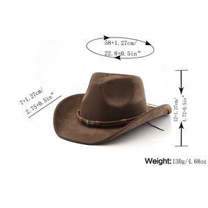 Brown faux suede cowboy hat showing 7cm brim, 12cm height, and 58cm circumference details