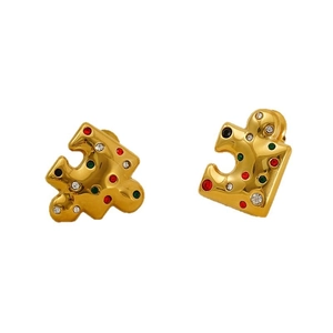 Gold heart-shaped puzzle earrings with red, green and white crystal inlay jewelry