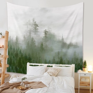 Detail view of large forest mist wall tapestry as a cozy bedroom headboard decoration
