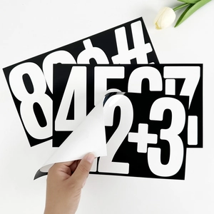 Macro view of peeling a 6-inch waterproof black and white number sticker with adhesive back