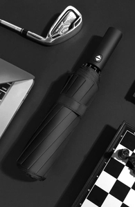 Close-up of black automatic umbrella handle with matte finish and luxury business props