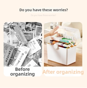 Three-layer home medical box showing organized medicine storage vs messy pile